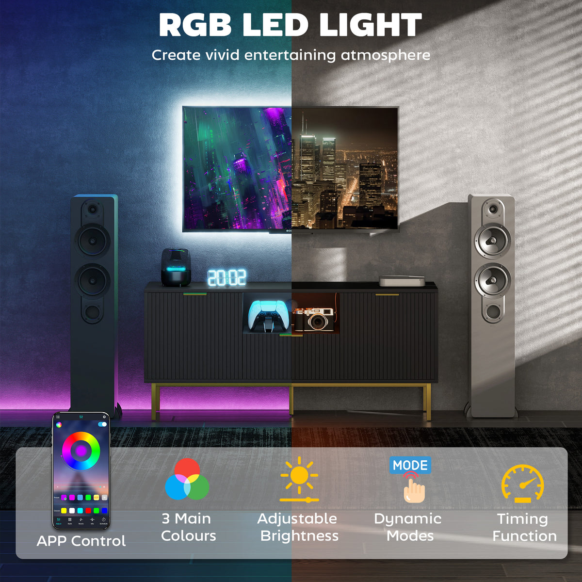 Modern TV Console for TVs up to 60 Inch, Entertainment Center with Smart RGB LED Lights and Soft Close – view 17