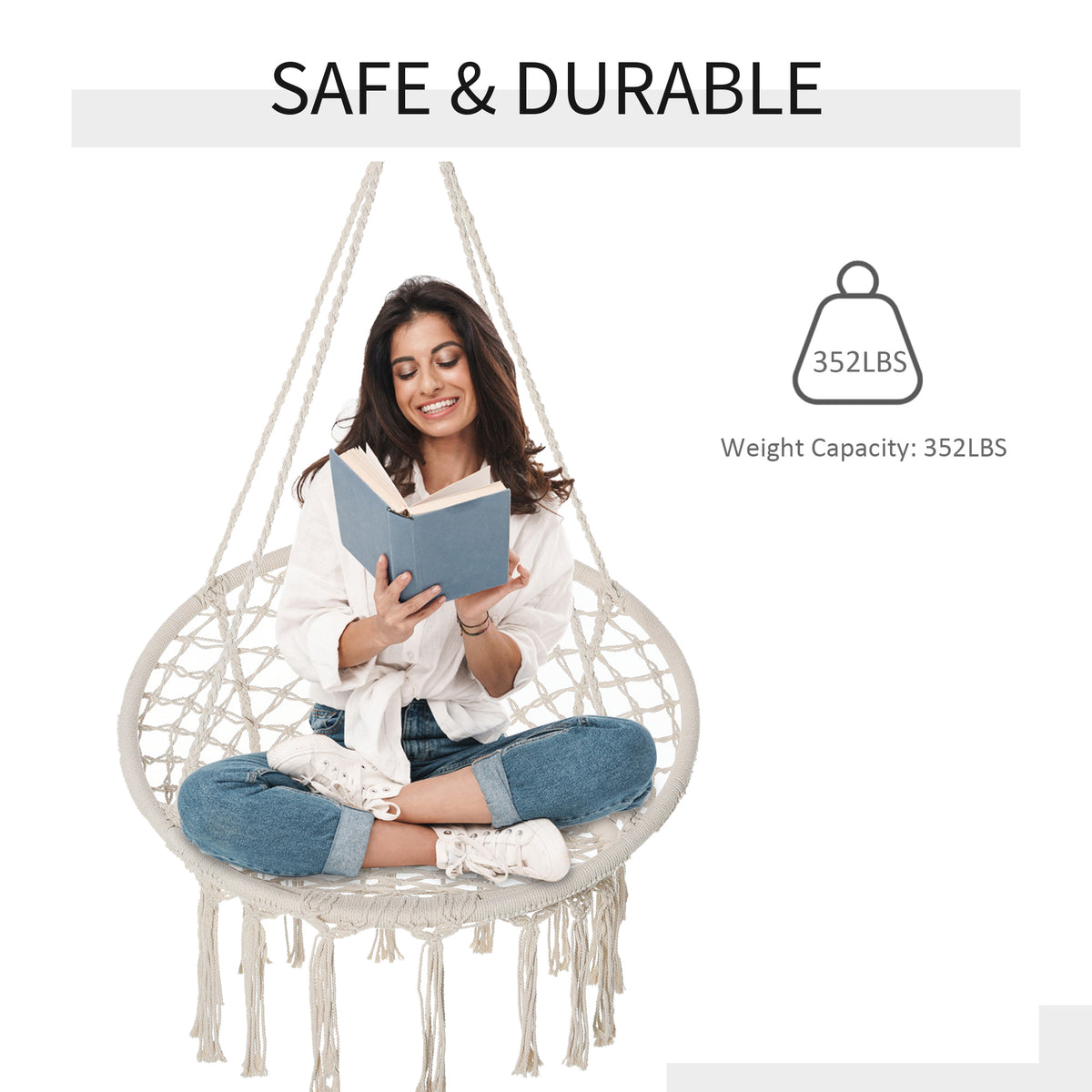 Patio Hammock Chair, Hanging Rope Hammock Swing for Indoor & Outdoor Use with Backrest – view 3
