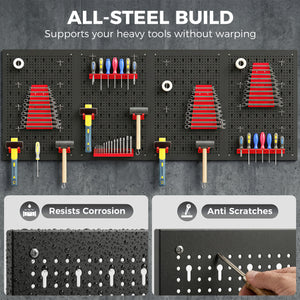 38 Piece Metal Peg Board with Accessories, Shelf Tool Organizer, Black and Red