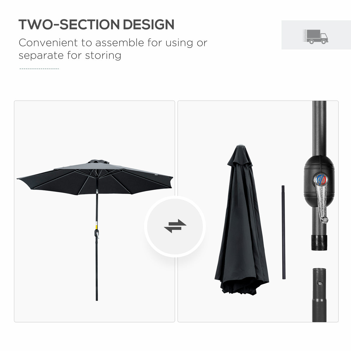 10' x 8' Round Market Umbrella, Patio Umbrella with Crank Handle and Tilt, Outdoor Parasol for Garden, Blue – view 40