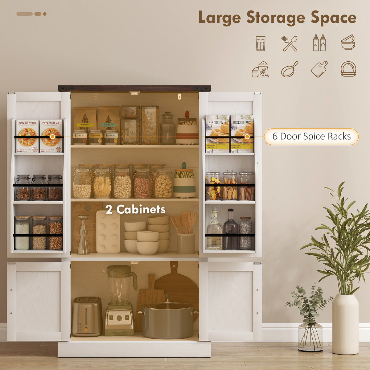 53.5" Pantry Cabinet, Kitchen Storage Cabinet with Adjustable Shelves, 6 Door Spice Racks for Dining Room, White