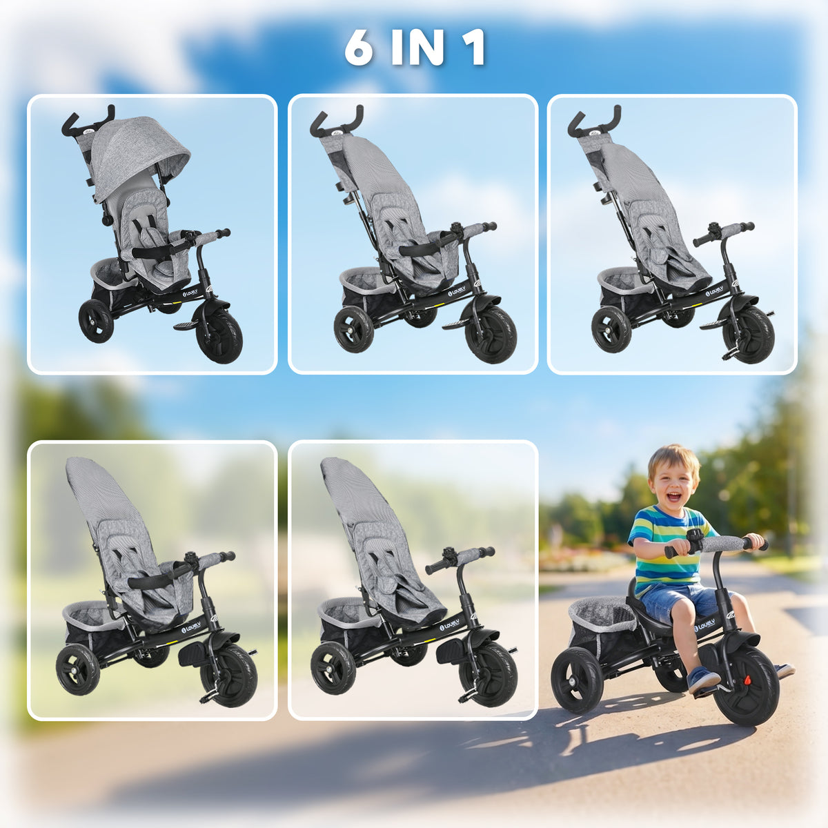 Qaba 6 in 1 Tricycle for Toddler 1-5 Years with Parent-Push Handle, Dark