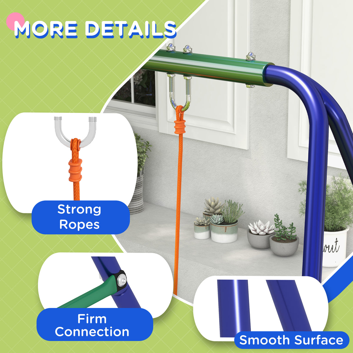 Kids Swing Set Outdoor Metal Swing Frame with Double Swing Seats for 1-2 Children Aged 3-8 Years Old
