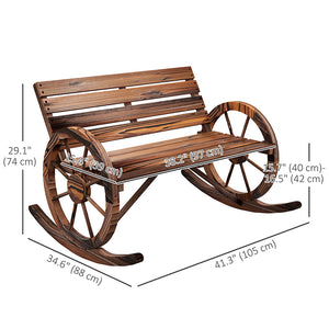 Rocking Outdoor Bench, Wood Outdoor Loveseat with Wagon Wheel Armrests, Carbonized
