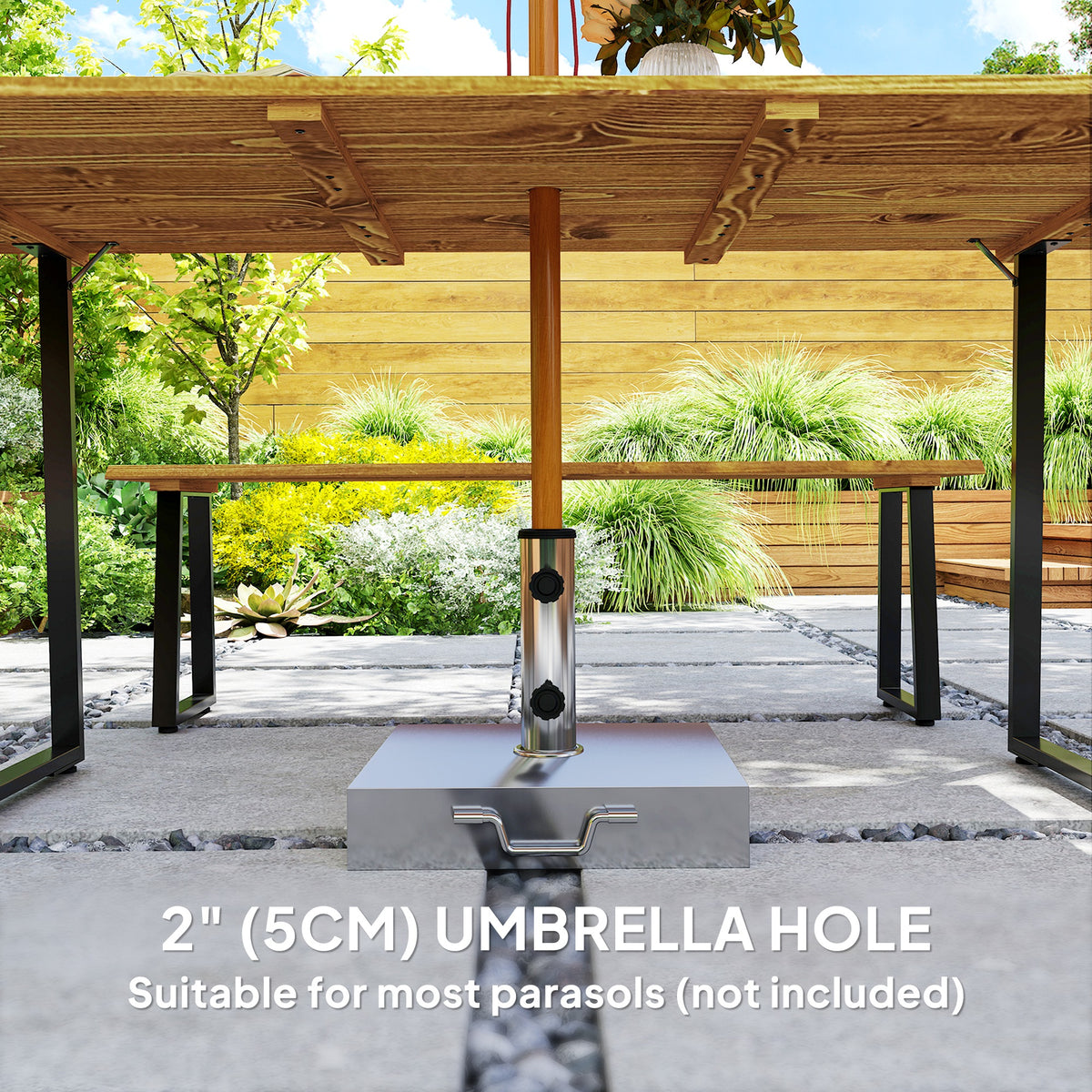 Picnic Table and Bench Set for 6 Persons with 2" Umbrella Hole, Slatted Top & Steel Frame, for Party, BBQ, Patio, Lawn