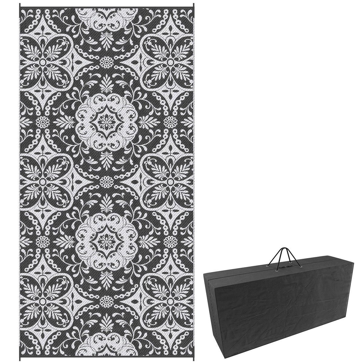 Portable Outdoor Rug with Carry Bag, 9' x 18' Reversible Mat, Waterproof Plastic Straw RV Rug for Backyard, Deck, Picnic, Beach, Camping, Blue & White Flower