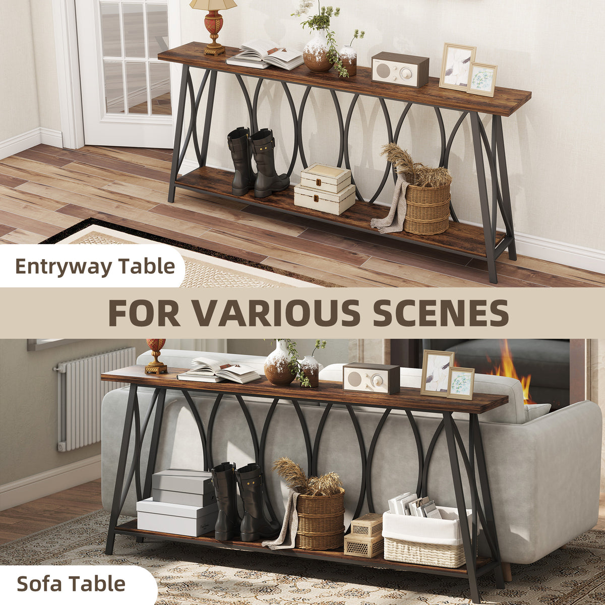 71" Console Table, Industrial 2-Tier Narrow Entryway Table with Metal Frame for Living Room, Hallway, Rustic Brown