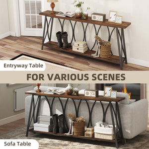 71" Console Table, Industrial 2-Tier Narrow Entryway Table with Metal Frame for Living Room, Hallway, Rustic Brown