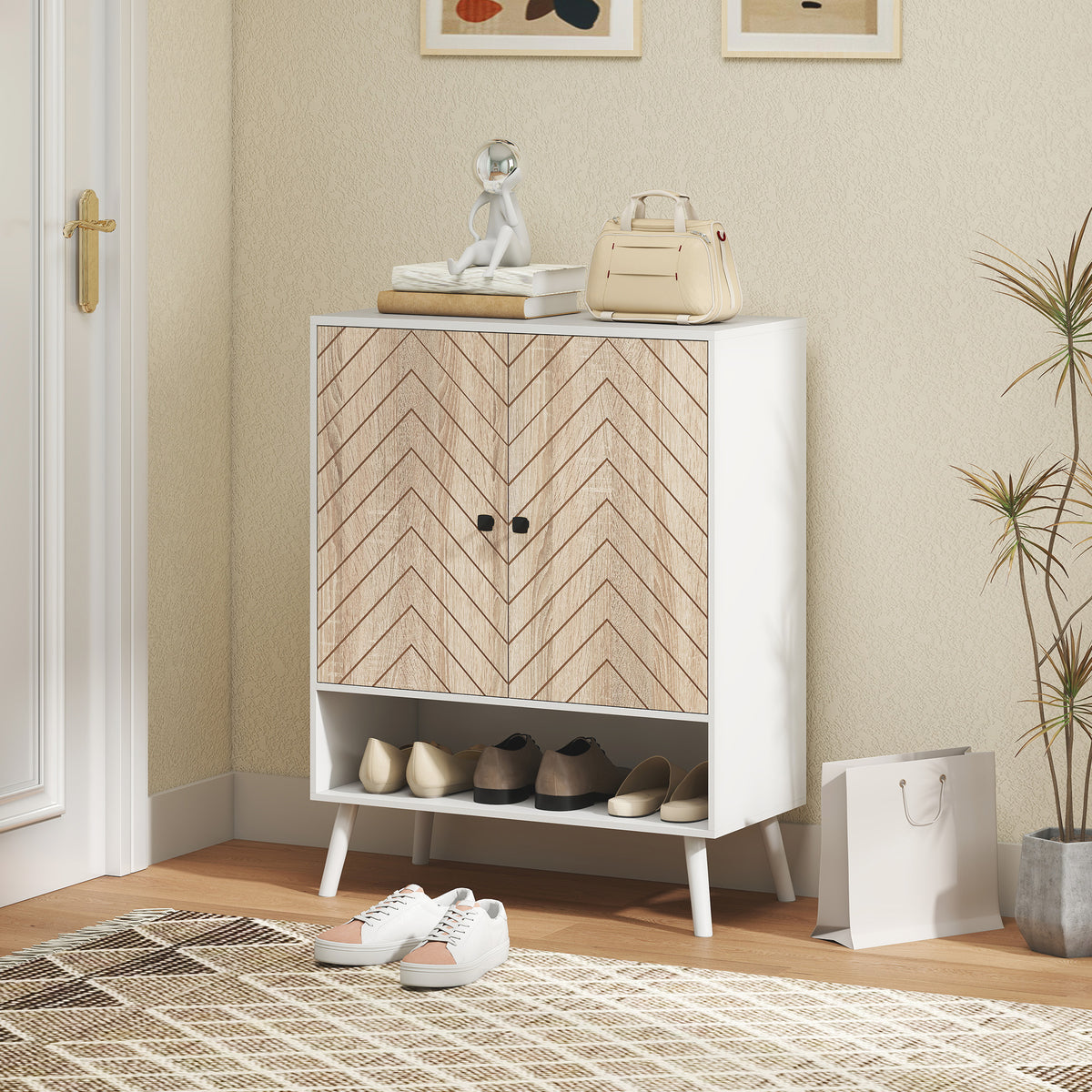 Shoe Storage Cabinet, 5-Tier Shoe Rack Cabinet with Doors, Adjustable Shelves, 15 Pairs, for Entryway, Natural Tone