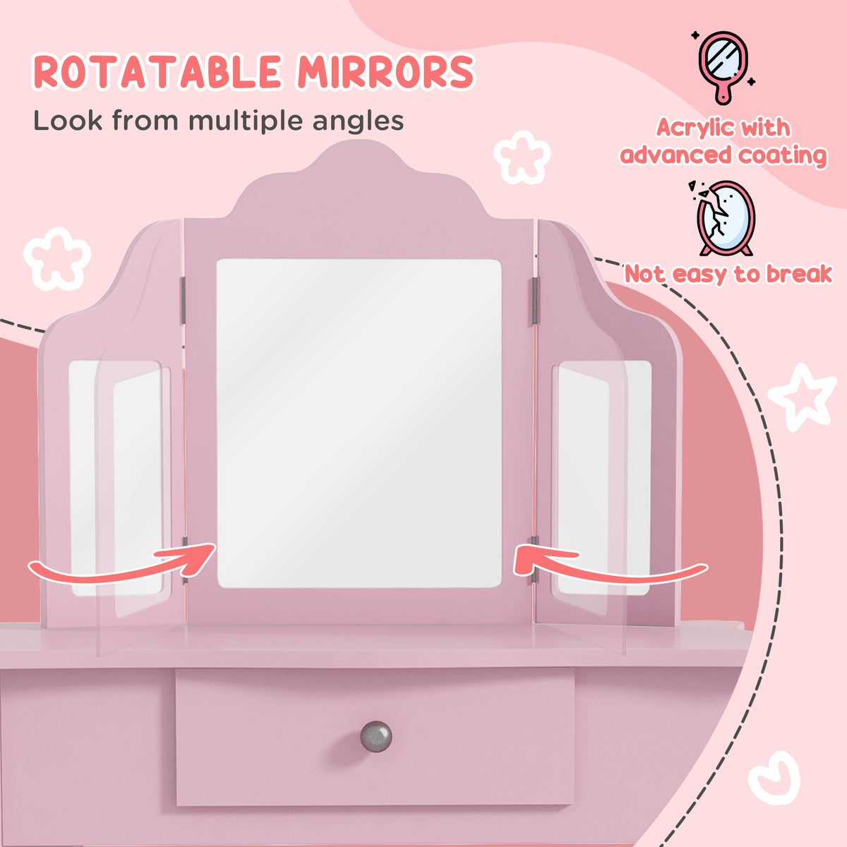 Qaba Kids Vanity Table and Stool, Makeup Vanity Girls Dressing Table Set with Tri-folding Mirrors Drawer Star and Heart Pattern, Pink