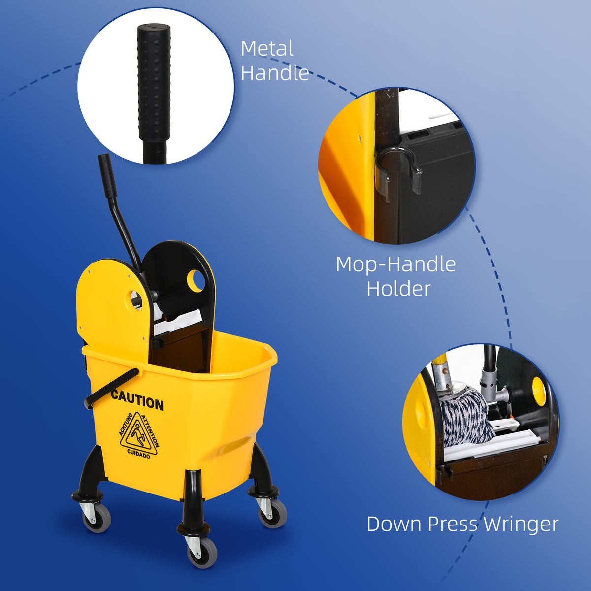 6.9 Gal/26L Mop Bucket, Mop Bucket with Wringer, Wheels and Handle, Yellow