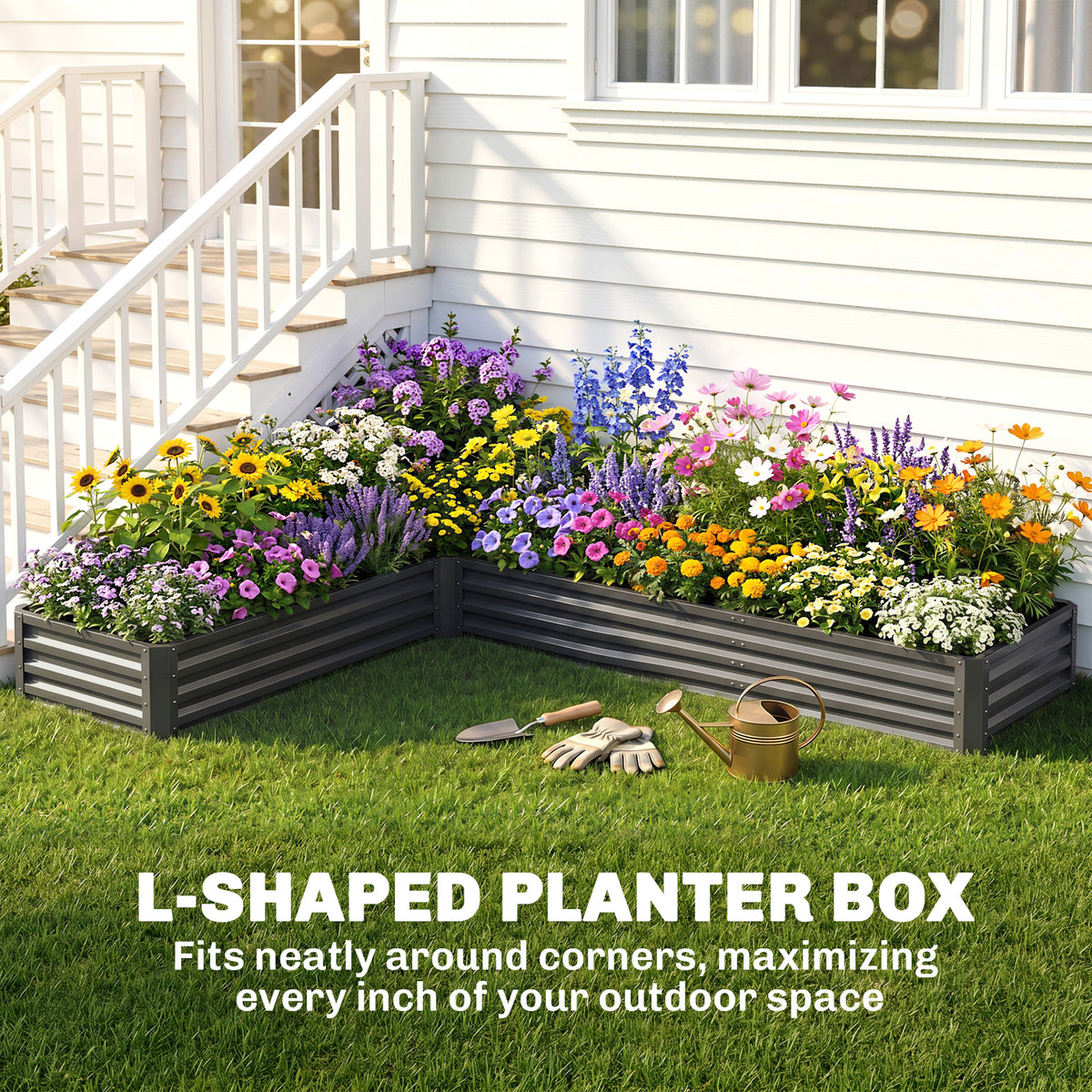 L-Shaped Raised Garden Bed, 82" x 109" x 12" Galvanized Steel Planter Box with Multi-reinforced Rods for – view 8