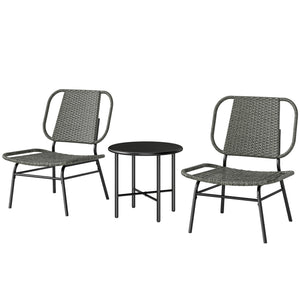 3 Piece Wicker Patio Furniture Set, Outdoor Bistro Set with Steel Table, Rattan Outdoor Conversation Furniture, Grey