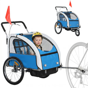 Aosom 2-in-1 Bike Trailer for Kids, Foldable 2-Seat Baby Stroller with 5-Point Harness, Rubber Wheels, Storage Bag
