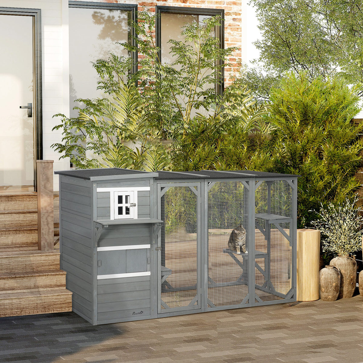Wooden Cat Catio, 76"L Walk in Outdoor Cat House with Asphalt Roof, Platforms, Lockable Doors – view 7