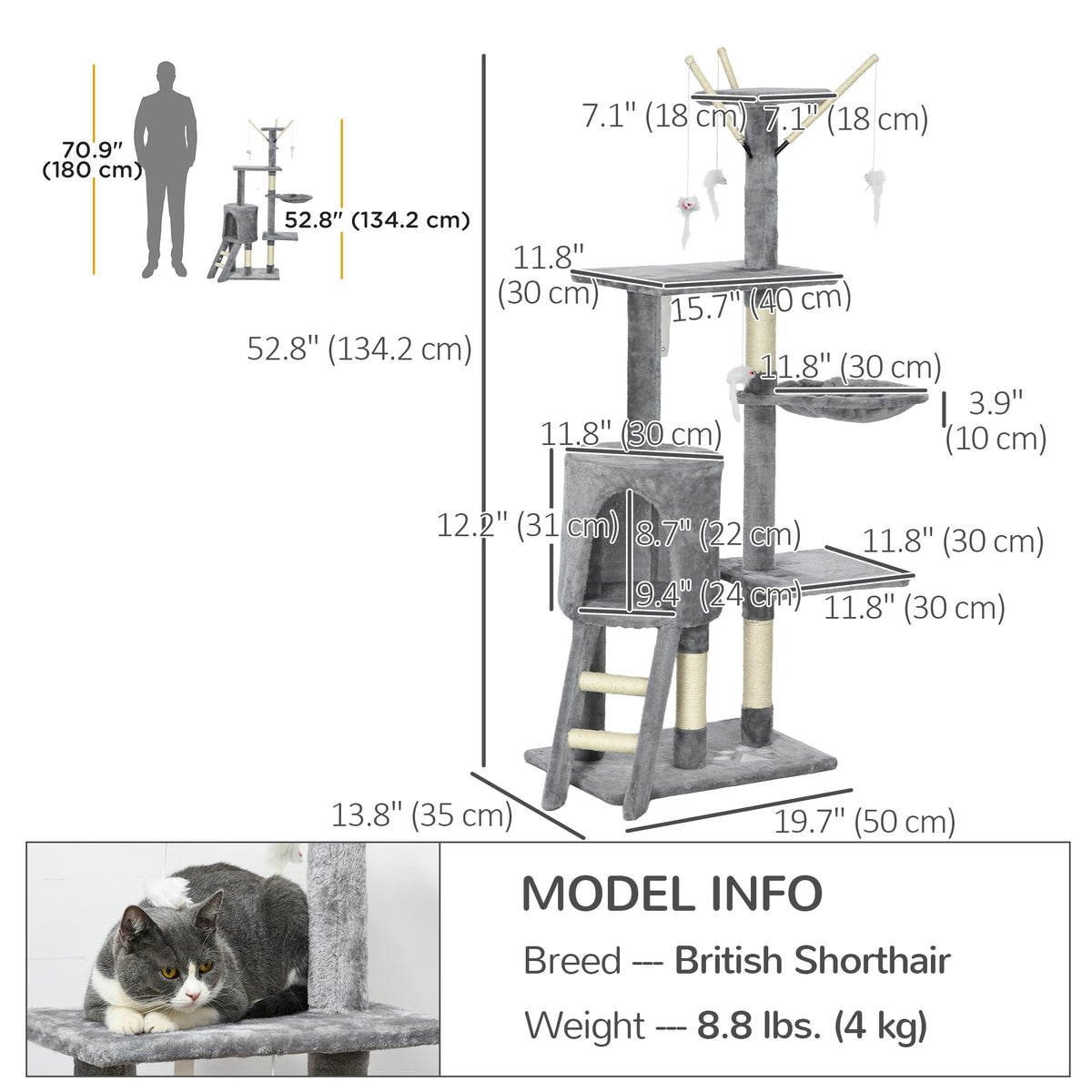 53" Cat Tree Tower, Kitten Activity Centre with Scratching Posts, Condo, Perches, Ladder, Hammock – view 2