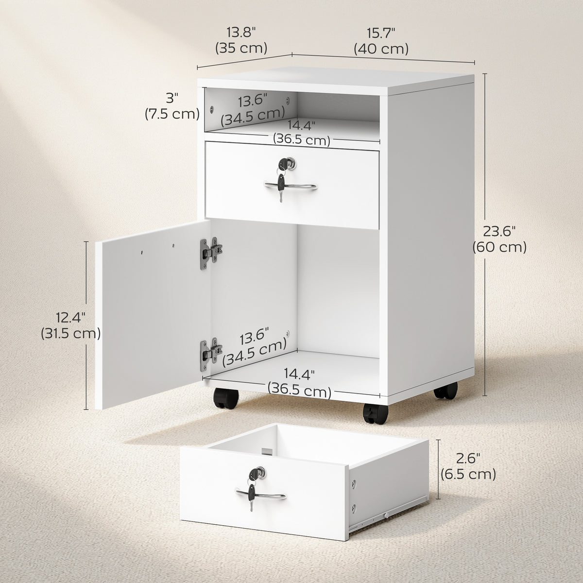 24" Vertical Filing Cabinet with Lockable Drawer, Mobile File Cabinet with 2 Keys, Wheels for Home Office, White