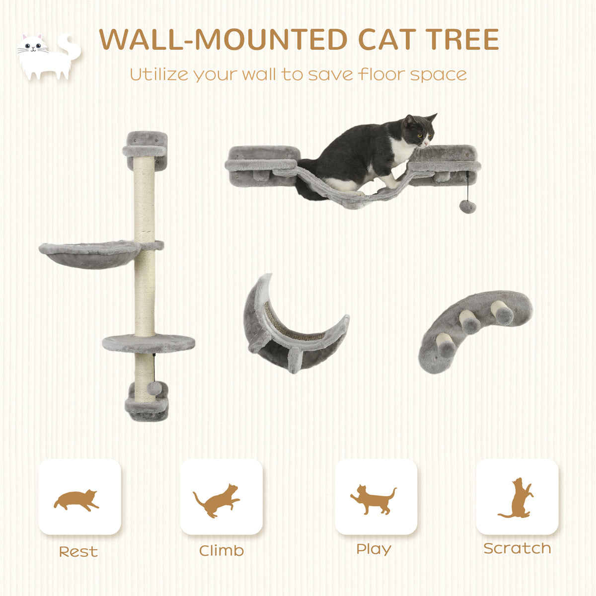 4Pcs Cat Wall Shelf with Scratching Post, Cat Wall Shelves for Relaxing, Climbing – view 4