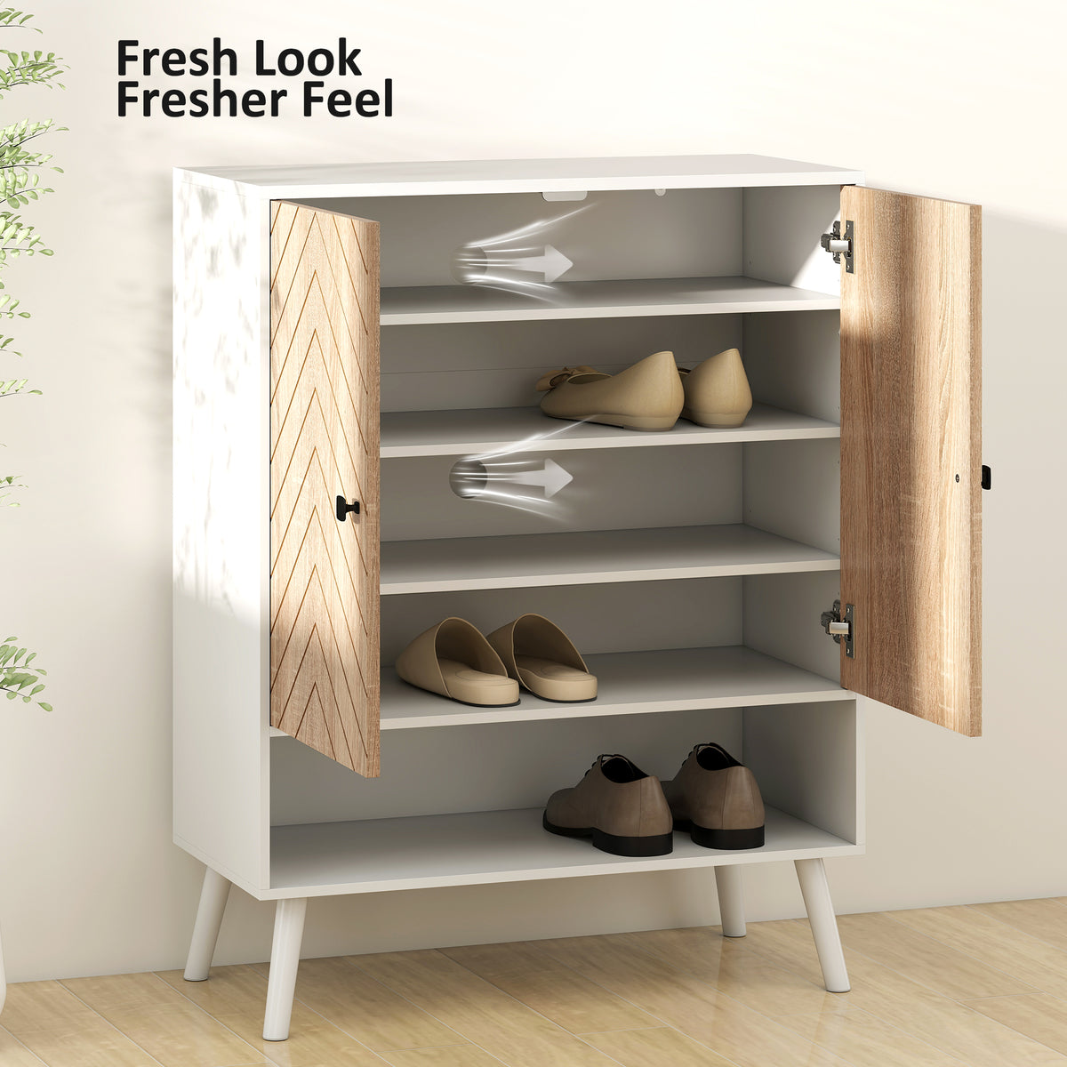Shoe Storage Cabinet, 5-Tier Shoe Rack Cabinet with Doors, Adjustable Shelves, 15 Pairs, for Entryway, Natural Tone