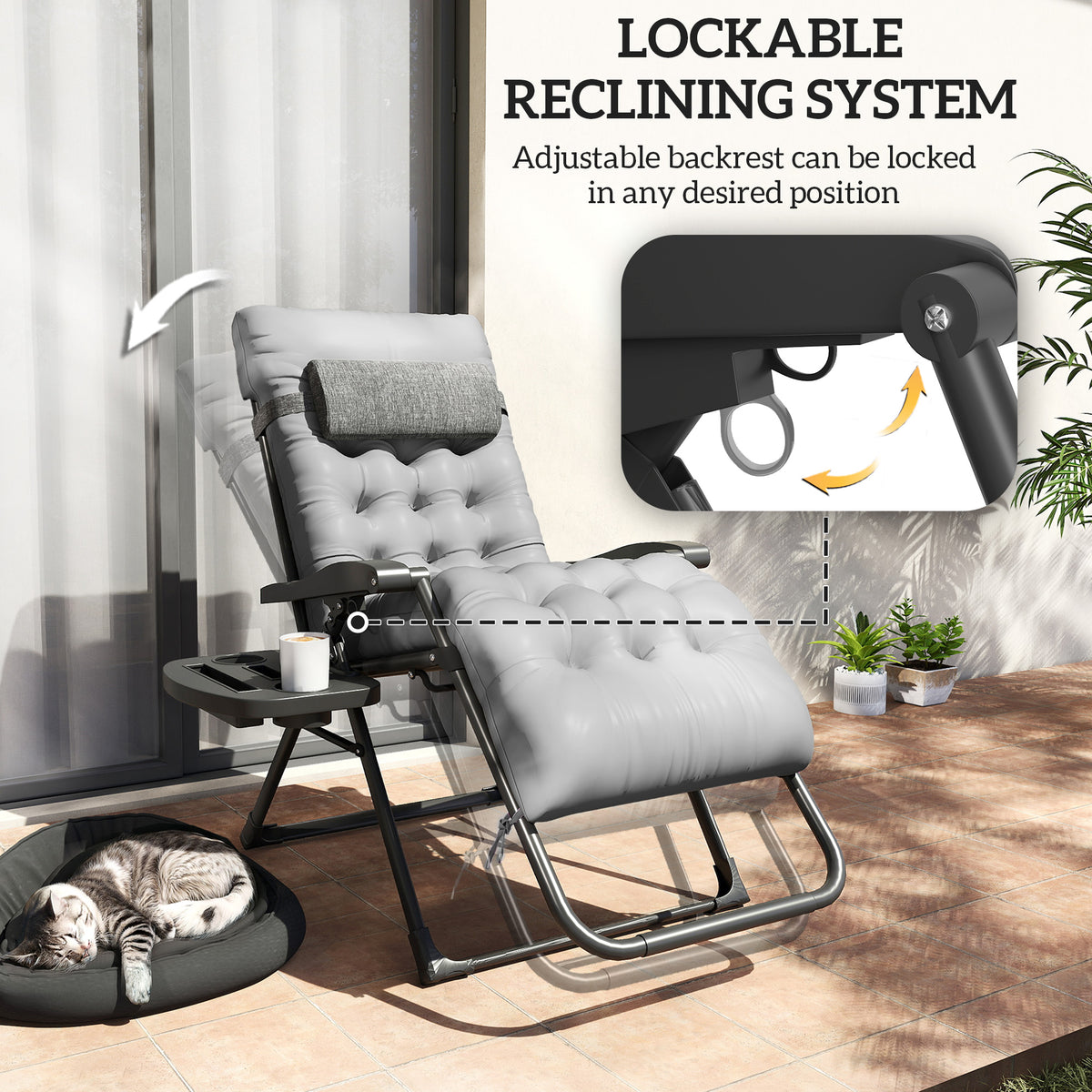 Padded Folding Recliner Chair, Patio Lounger with Cupholder, Adjustable Backrest, Removable Cushion, Black – view 11