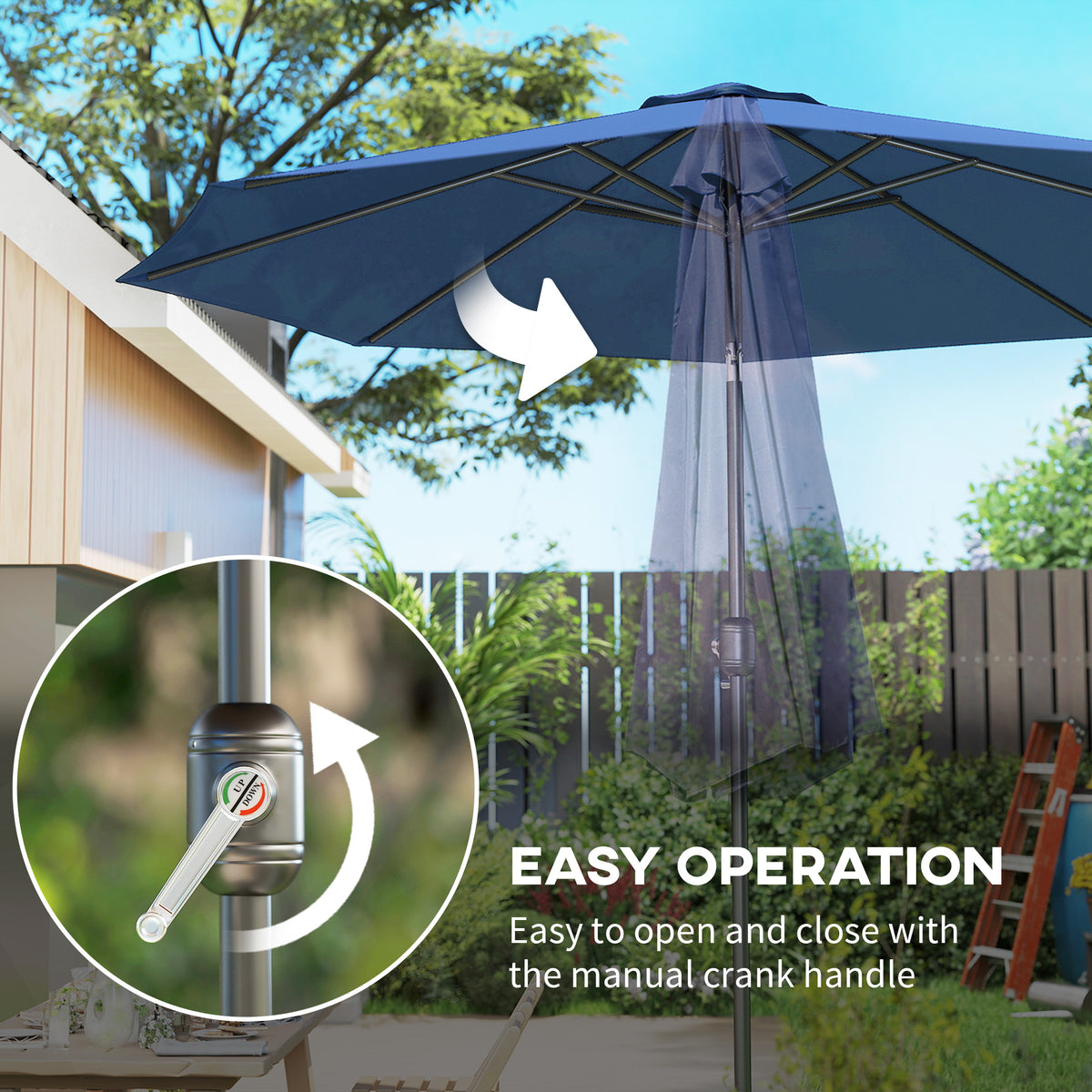 10' x 8' Round Market Umbrella, Patio Umbrella with Crank Handle and Tilt, Outdoor Parasol for Garden, Blue – view 4