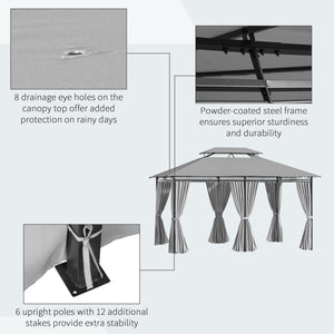 10' x 13' Patio Gazebo, Outdoor 2-Tiers Garden Canopy Yard Sunshade Shelter with Curtains, Khaki – view 12