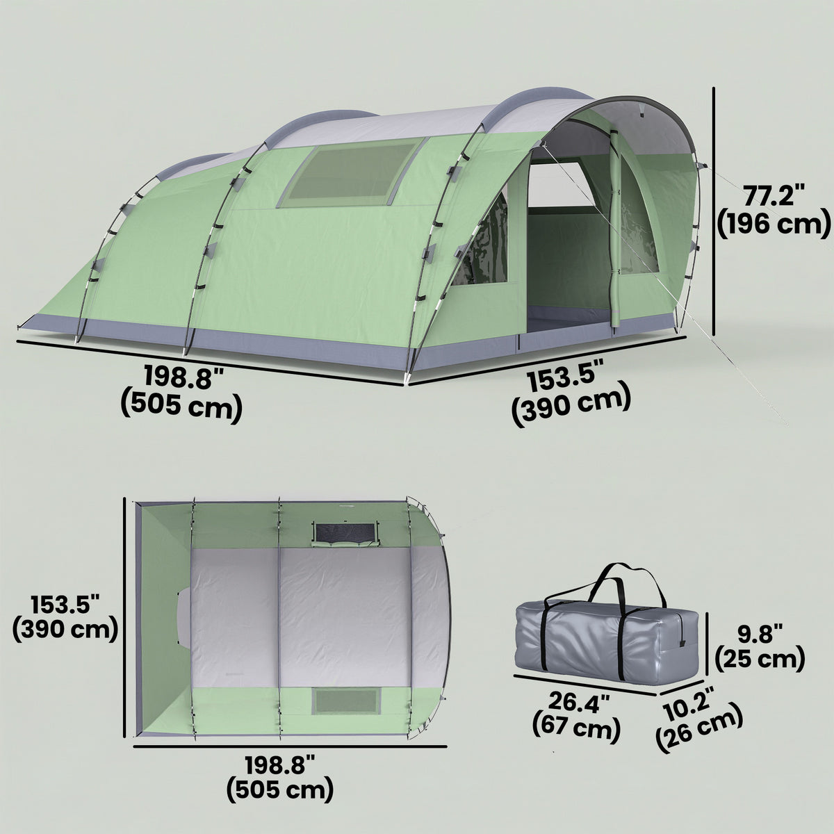 Multi-Room Camping Tent for 5 Person, Easy Set up Large Family Tent with 4 Windows, Porch, Light Green