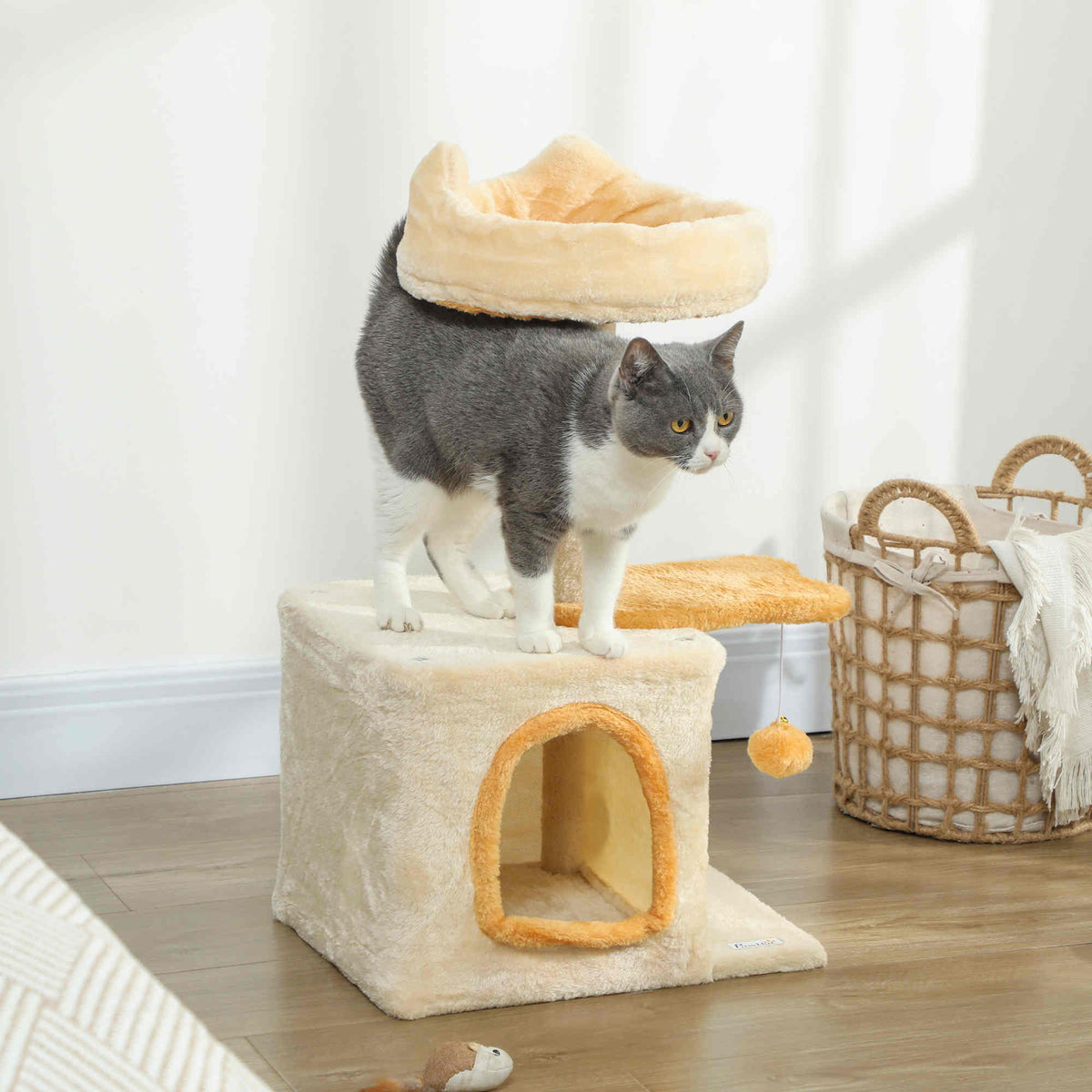 28" Cat Tree Tower with Plush Top Bed, Cozy Condo, Sisal Scratching Post, Perch, Dangling Ball, Beige and Yellow