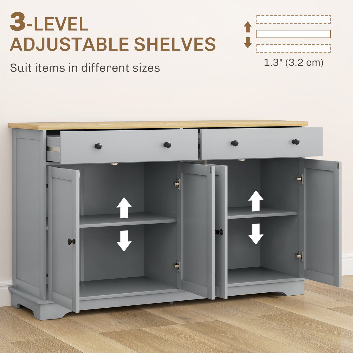 Modern Sideboard, Buffet Cabinet with Storage Drawers, Adjustable Shelves for Living Room, Dining Room, Entryway, Grey