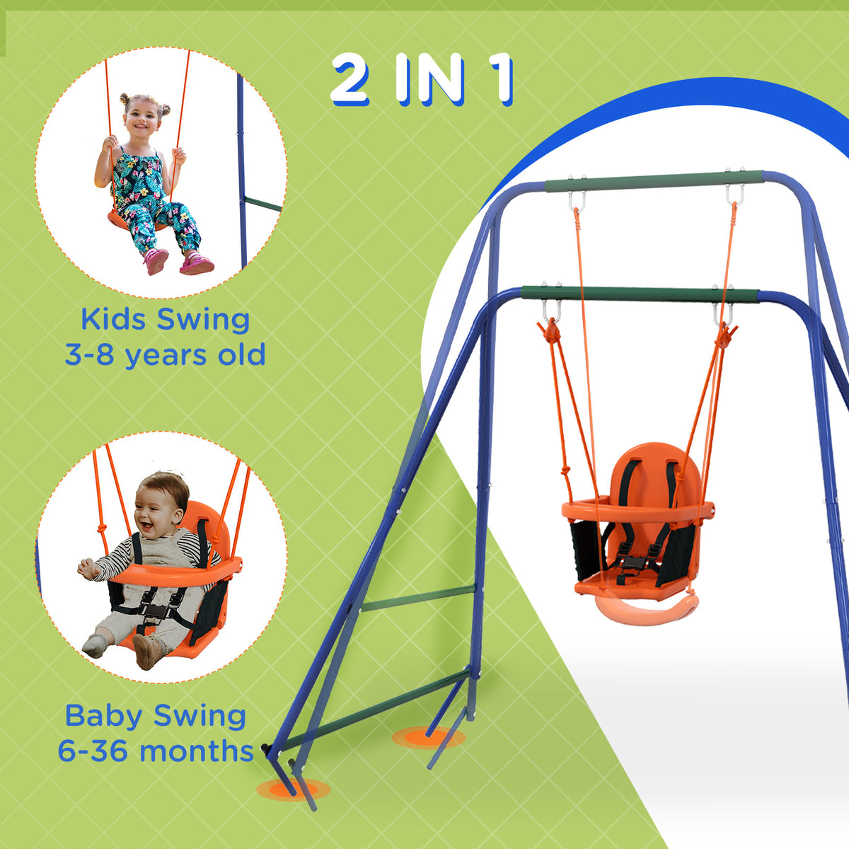 Kid Swing Set with Safety Harness for Baby, Kids 6 Months+, Heavy Duty Swing Set for Indoor/Outdoor, Backyard, Orange