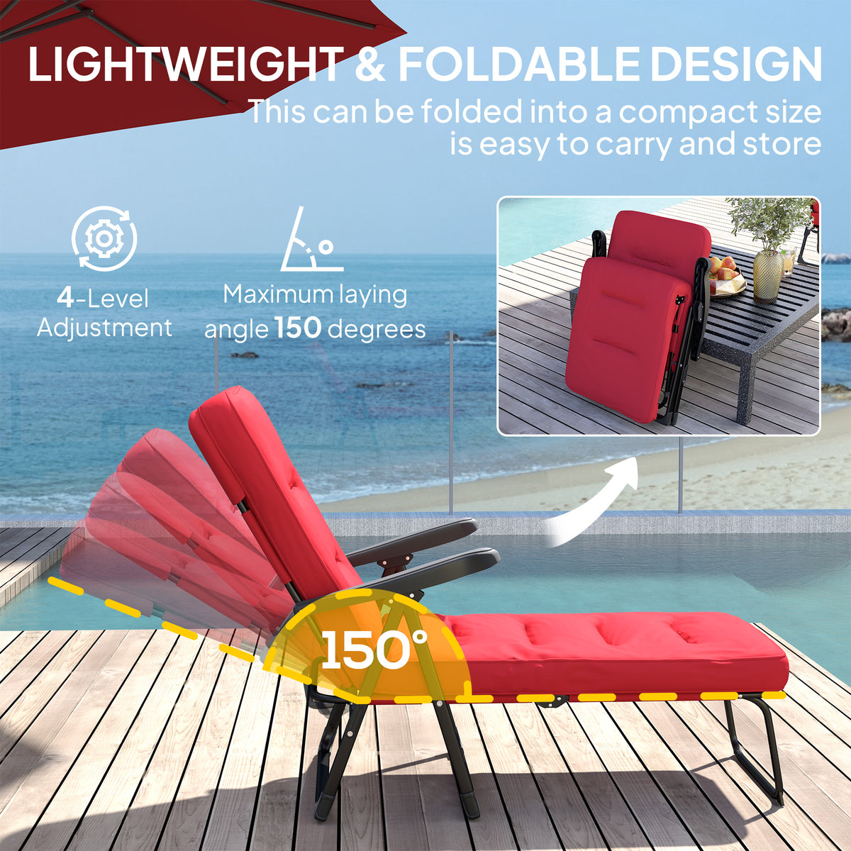 Outdoor Lounge Chair with Padded Cushion, Folding Reclining Patio Garden Chair with Recline Back, Footrest – view 25