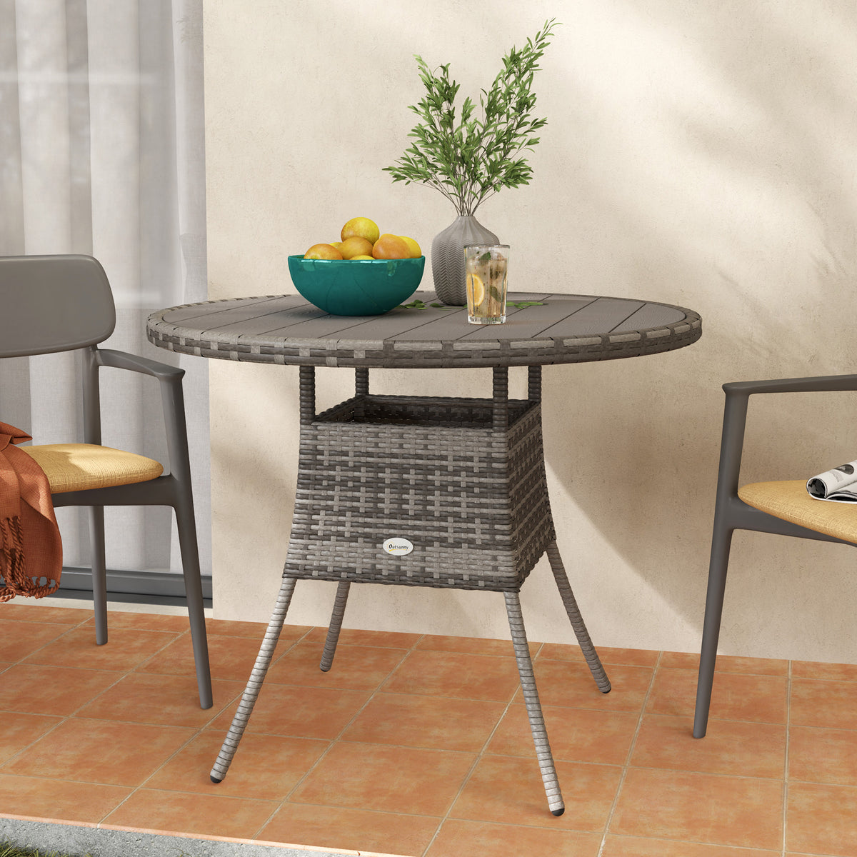 27.5" Outdoor Wicker Dining Table, PE Rattan Patio Furniture with Wood-plastic Composite Top, Grey – view 13