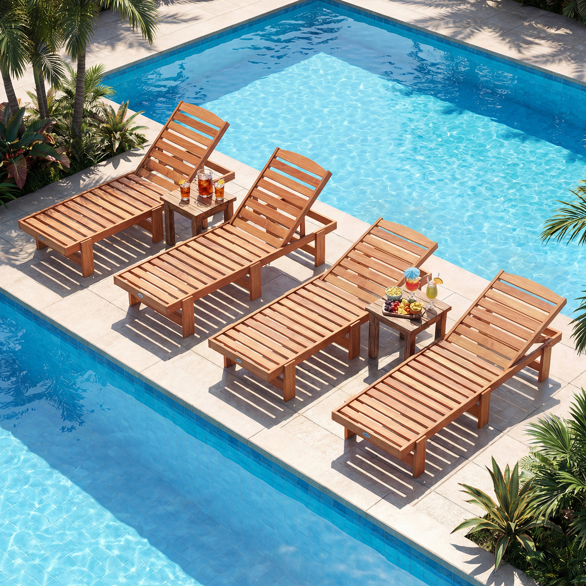 Patio Chaise Lounge Chair Solid Wood Slatted Recliner with Adjustable Backrest-Set of 2 view 3