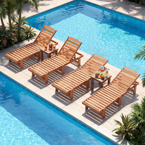 Patio Chaise Lounge Chair Solid Wood Slatted Recliner with Adjustable Backrest-Set of 2 view 3