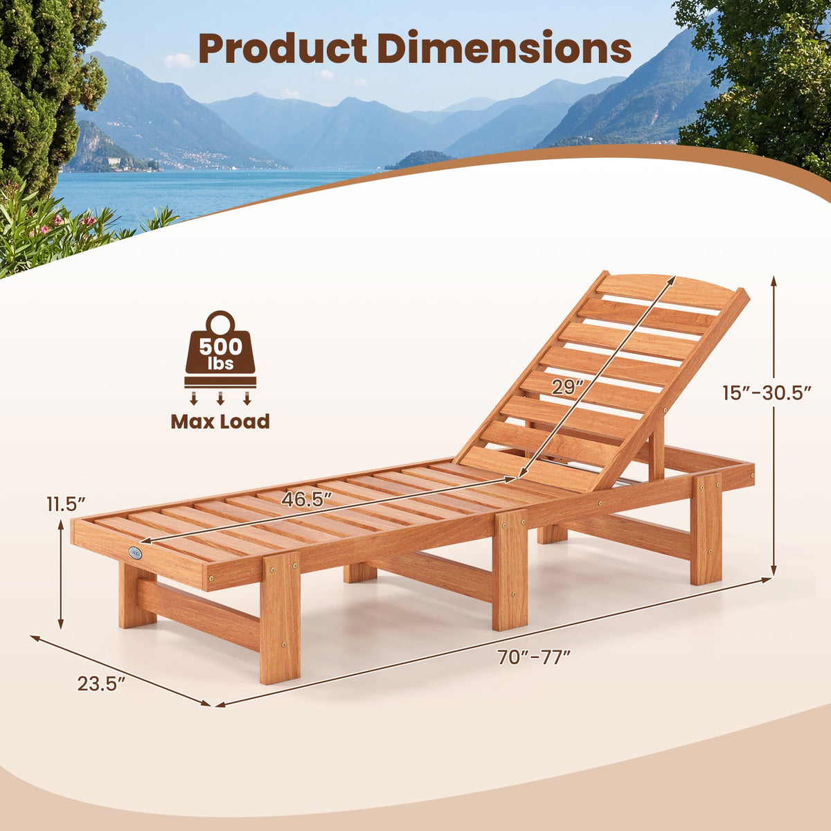 Patio Chaise Lounge Chair Solid Wood Slatted Recliner with Adjustable Backrest-Set of 2 view 4