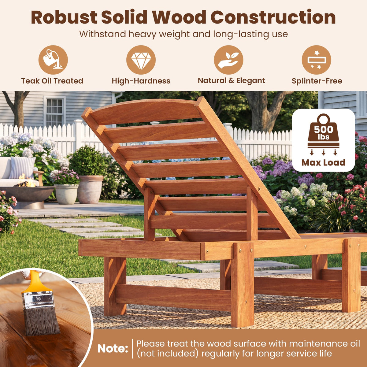 Patio Chaise Lounge Chair Solid Wood Slatted Recliner with Adjustable Backrest-Set of 2 view 7