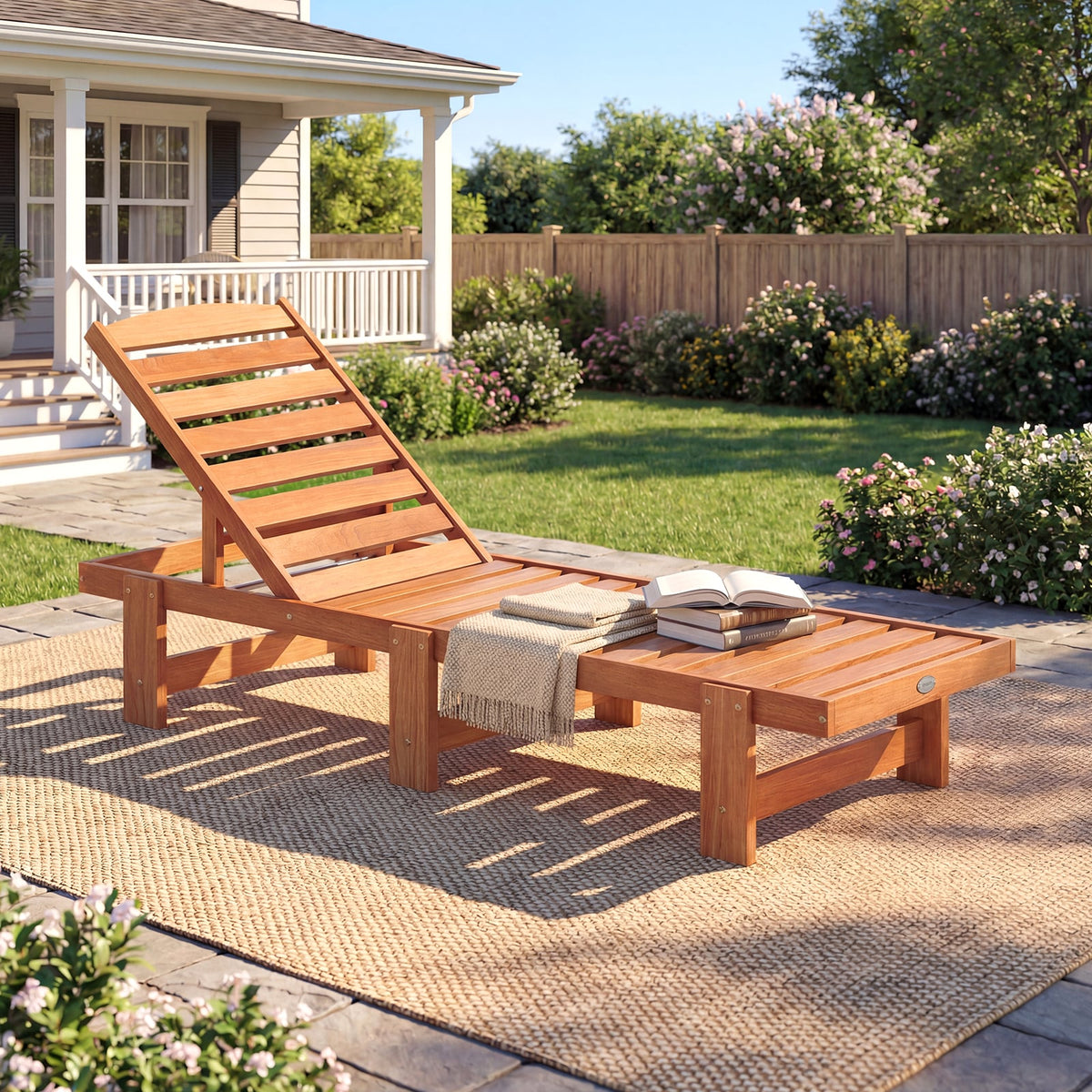 Patio Chaise Lounge Chair Solid Wood Slatted Recliner with Adjustable Backrest-1 Piece view 2