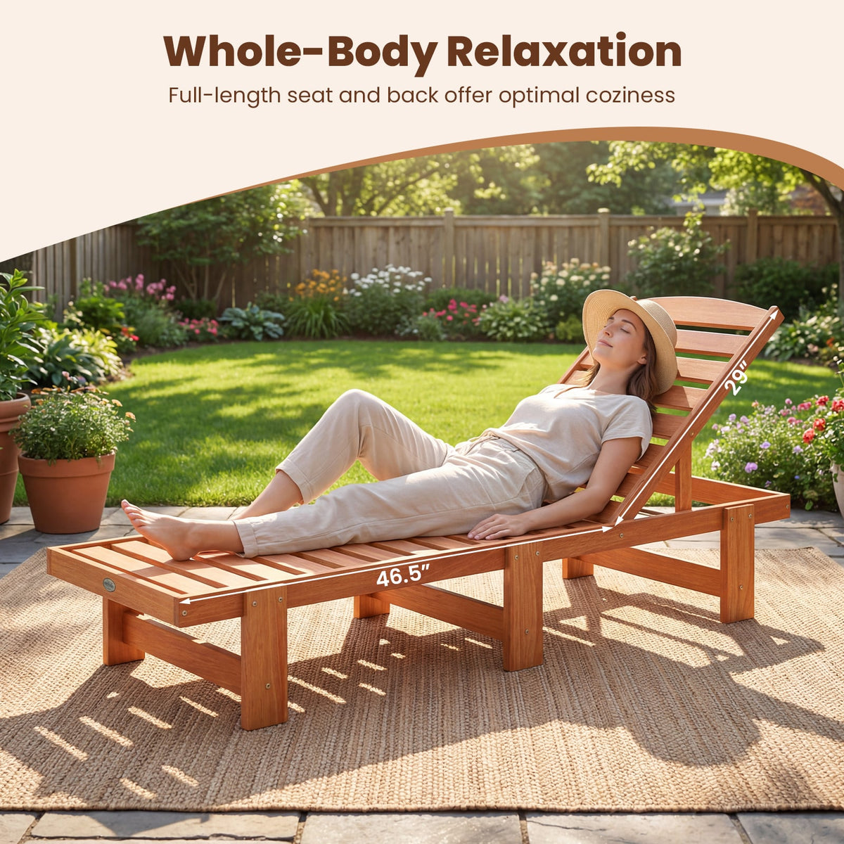 Patio Chaise Lounge Chair Solid Wood Slatted Recliner with Adjustable Backrest-1 Piece view 4
