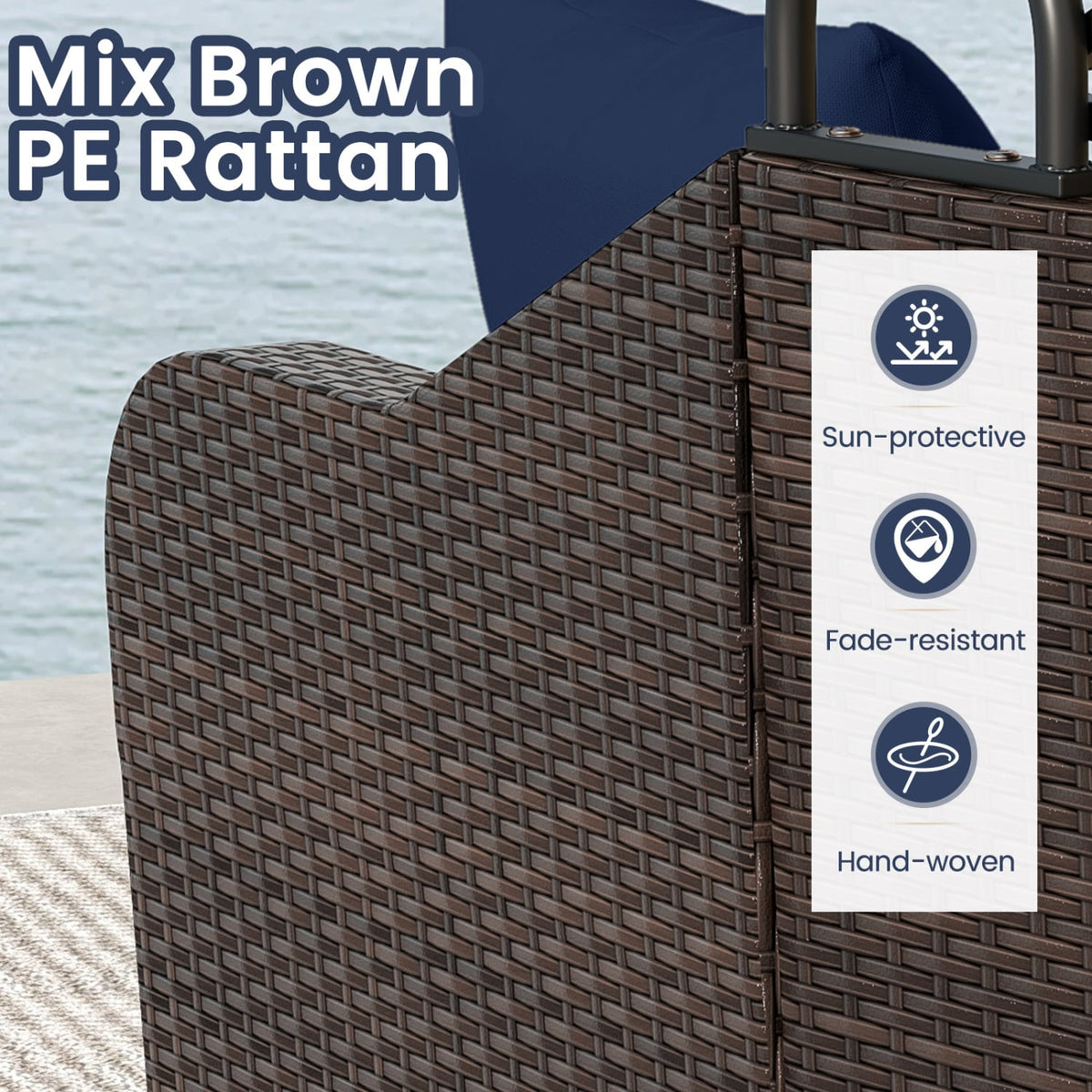 Patio PE Rattan Daybed with Retractable Canopy and Soft Cushions-Navy view 7