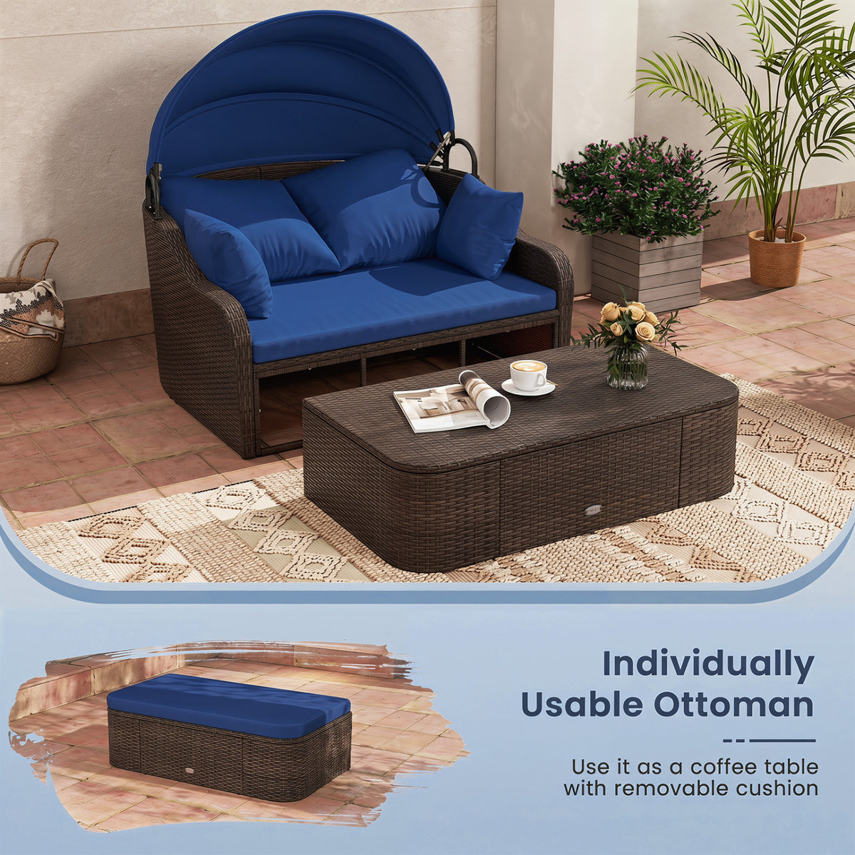 Patio PE Rattan Daybed with Retractable Canopy and Soft Cushions-Navy view 8
