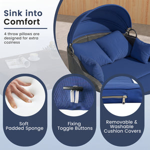 Patio PE Rattan Daybed with Retractable Canopy and Soft Cushions-Navy view 9
