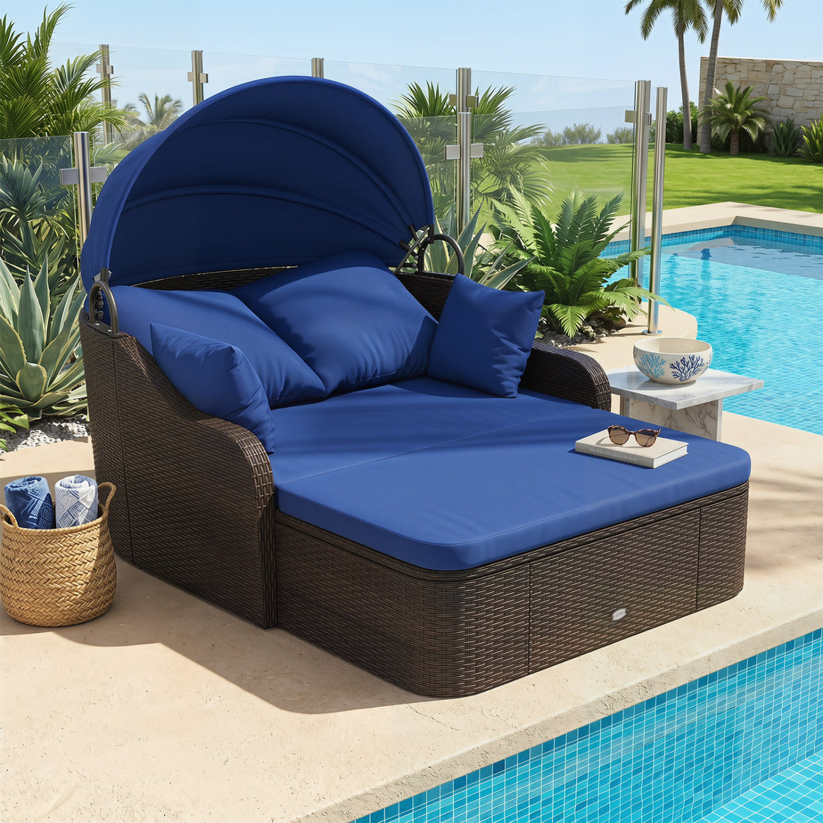 Patio PE Rattan Daybed with Retractable Canopy and Soft Cushions-Navy view 3