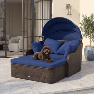Patio PE Rattan Daybed with Retractable Canopy and Soft Cushions-Navy view 2
