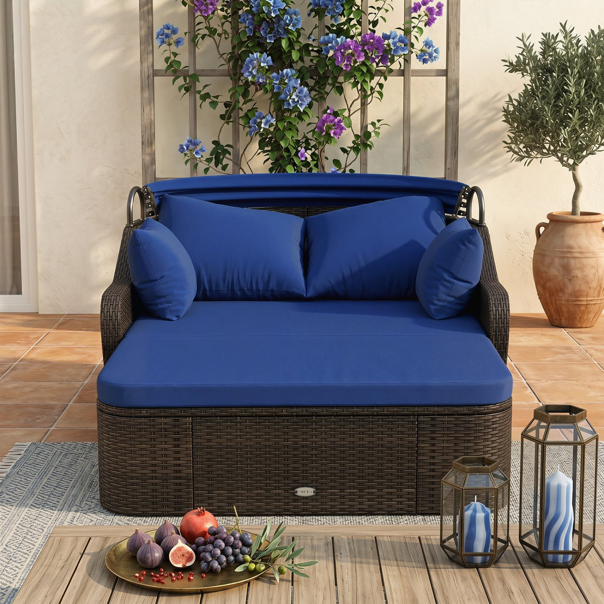 Patio PE Rattan Daybed with Retractable Canopy and Soft Cushions-Navy view 5