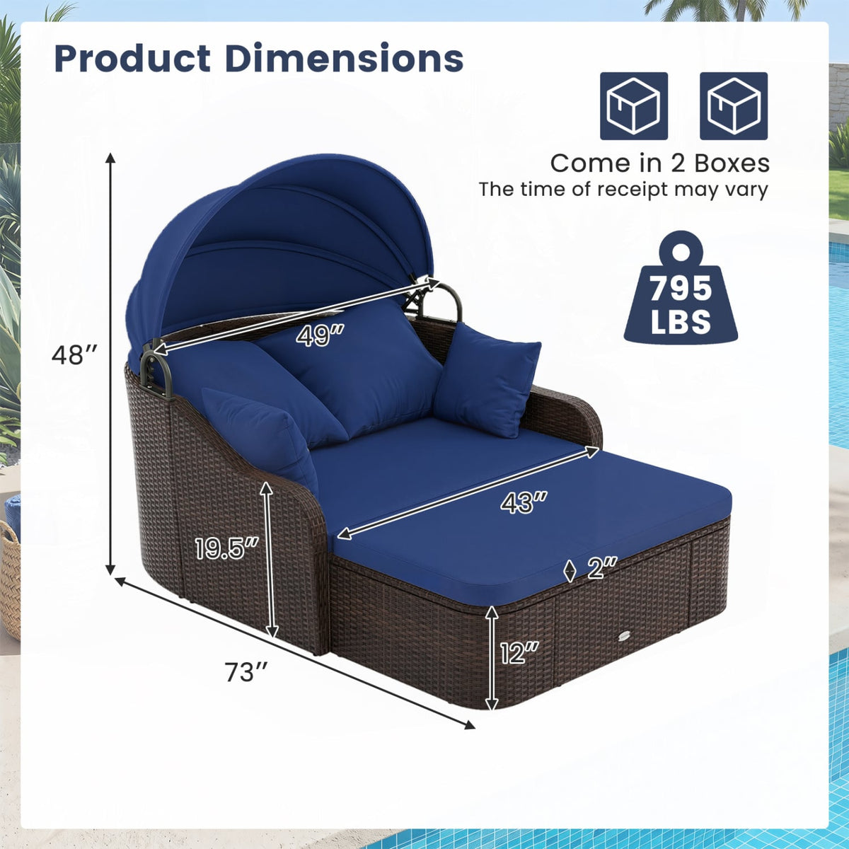 Patio PE Rattan Daybed with Retractable Canopy and Soft Cushions-Navy view 4