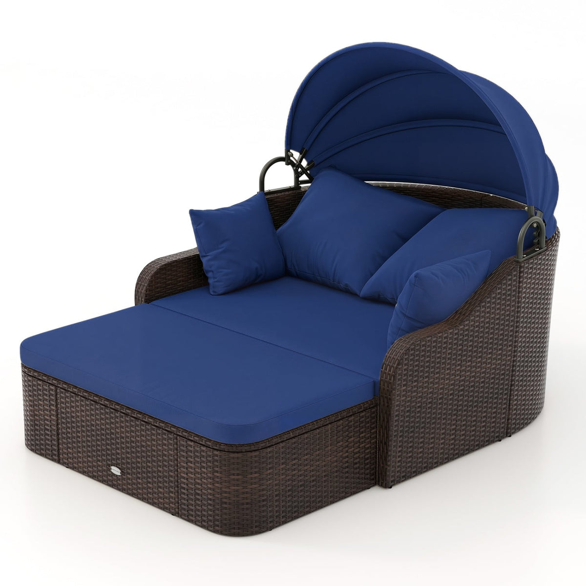 Patio PE Rattan Daybed with Retractable Canopy and Soft Cushions-Navy