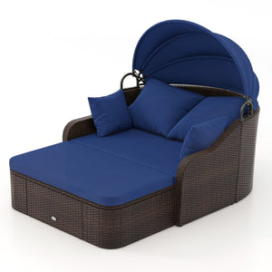 Patio PE Rattan Daybed with Retractable Canopy and Soft Cushions-Navy