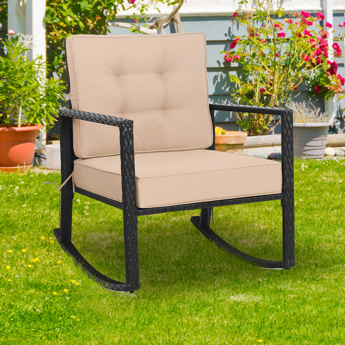 Patio Rattan Rocker Outdoor Glider Rocking Chair Cushion Lawn-Brown view 3