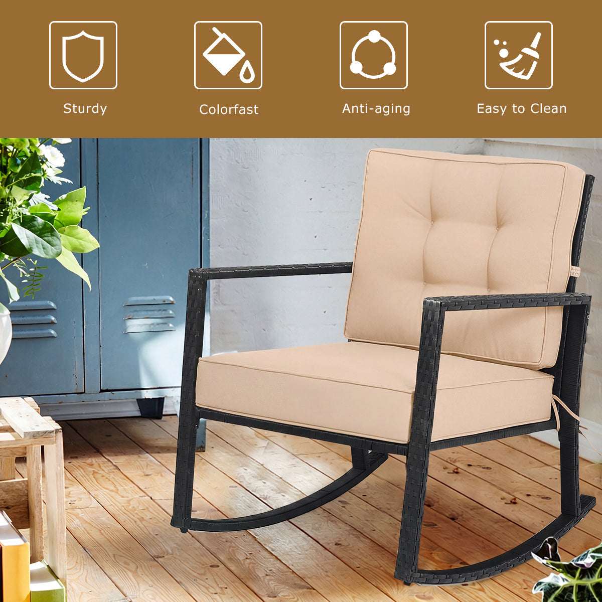 Patio Rattan Rocker Outdoor Glider Rocking Chair Cushion Lawn-Brown view 6