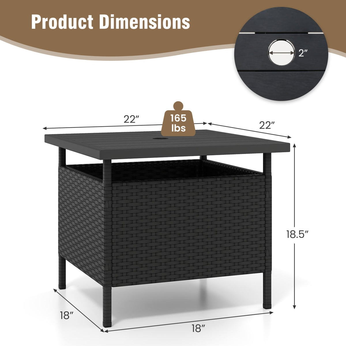 Patio Square Wicker Side Table with Umbrella Hole for Yard-Black view 5
